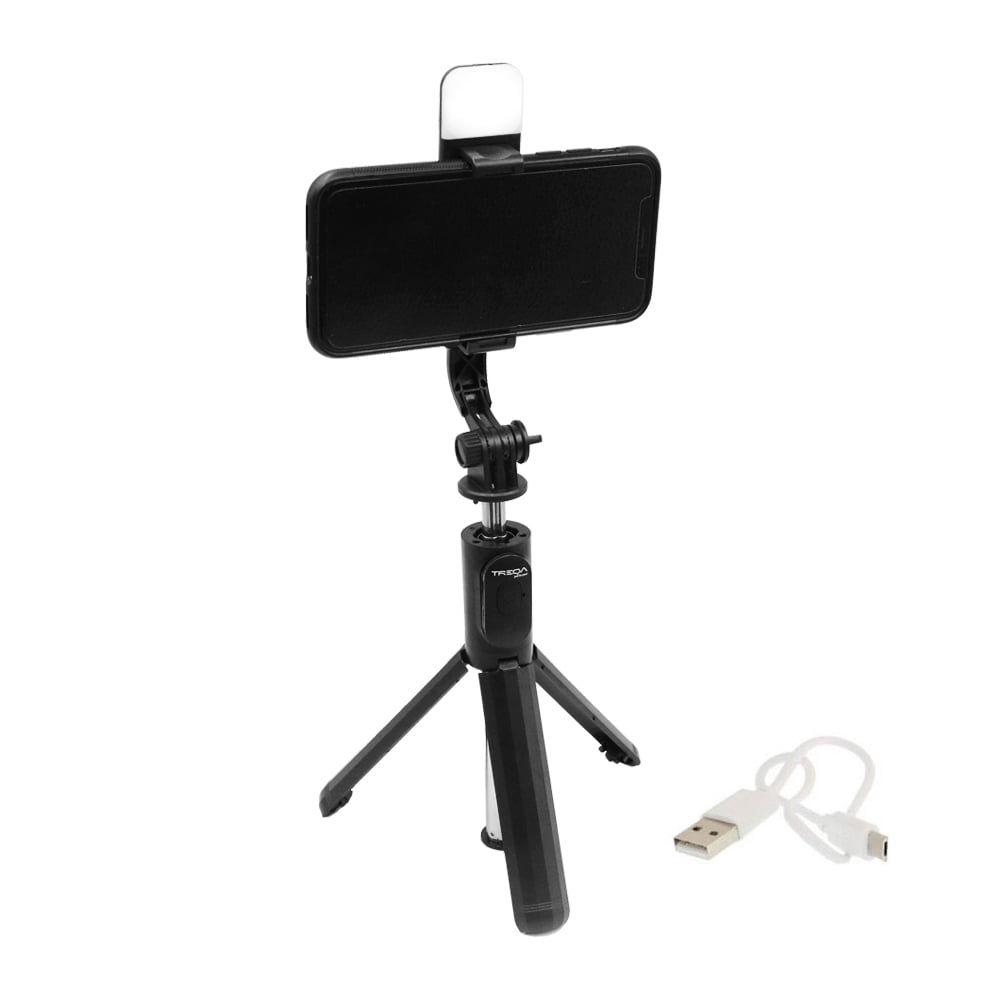 Selfie Stick με Τρίποδο, Τηλεχειριστήριο Bluetooth και Led Φως Treqa Selfie-04 Μαύρο src=