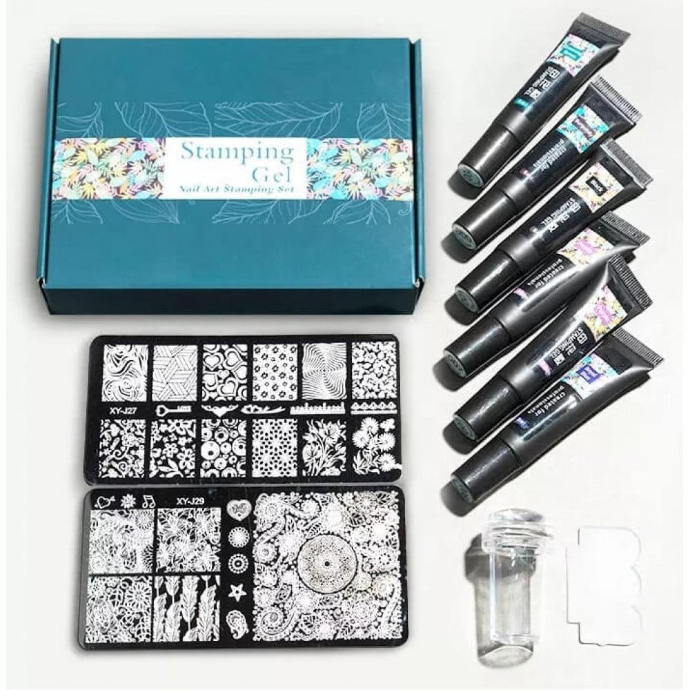 Nail Art Stamping Set Με 6 Stamping Gel, 1 Σφραγίδα + 2 Στάμπες