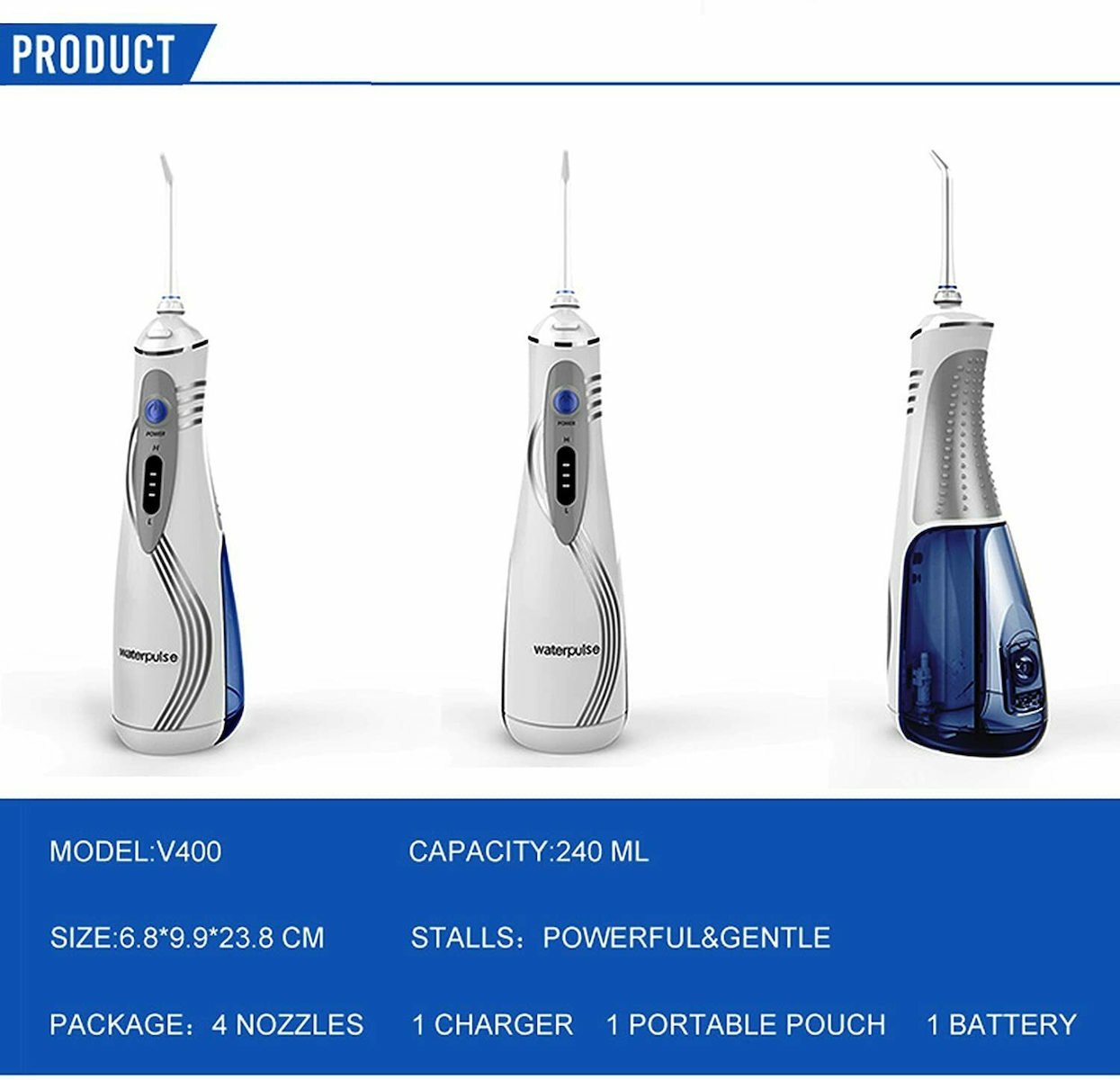Ψεκαστήρας Νερού 240ml για Καθαρισμό Δοντιών Waterpulse V400 Plus – Λευκό