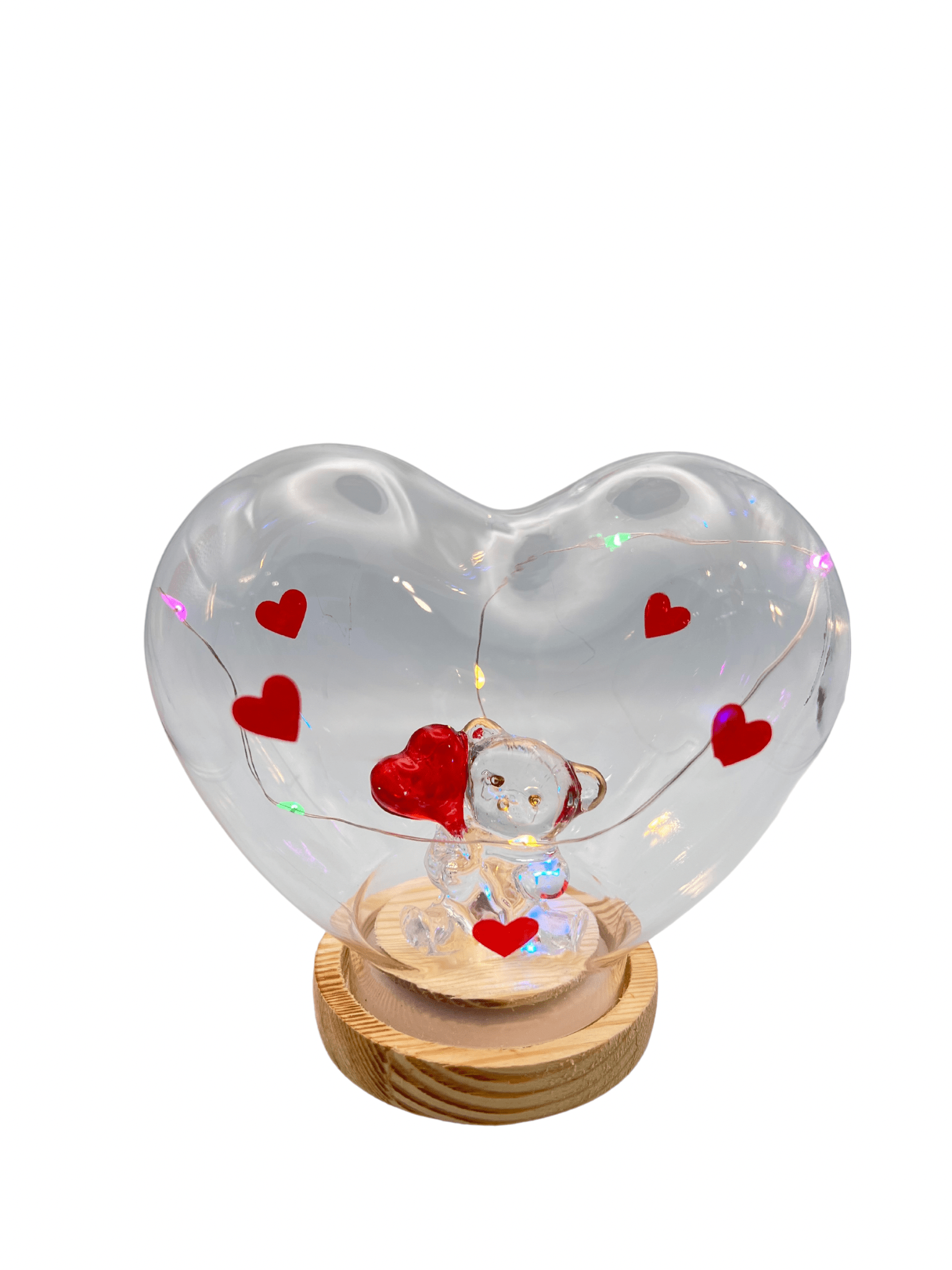 Γυάλινη καρδιά με αρκουδάκι και πολύχρωμα λαμπακια